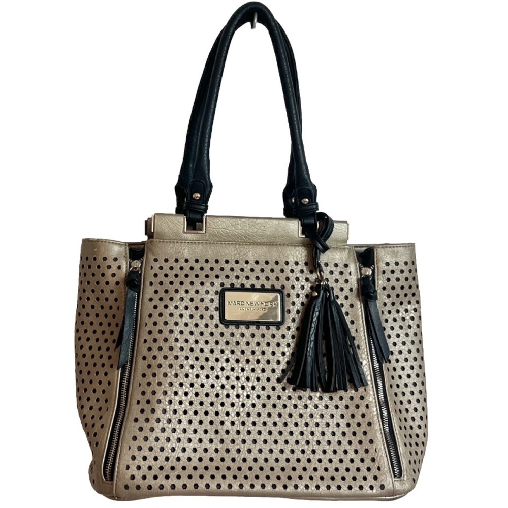 Marc New York Andrew Marc Brushed Gold Black Leather Tote Shoulder Bag Purse Bag